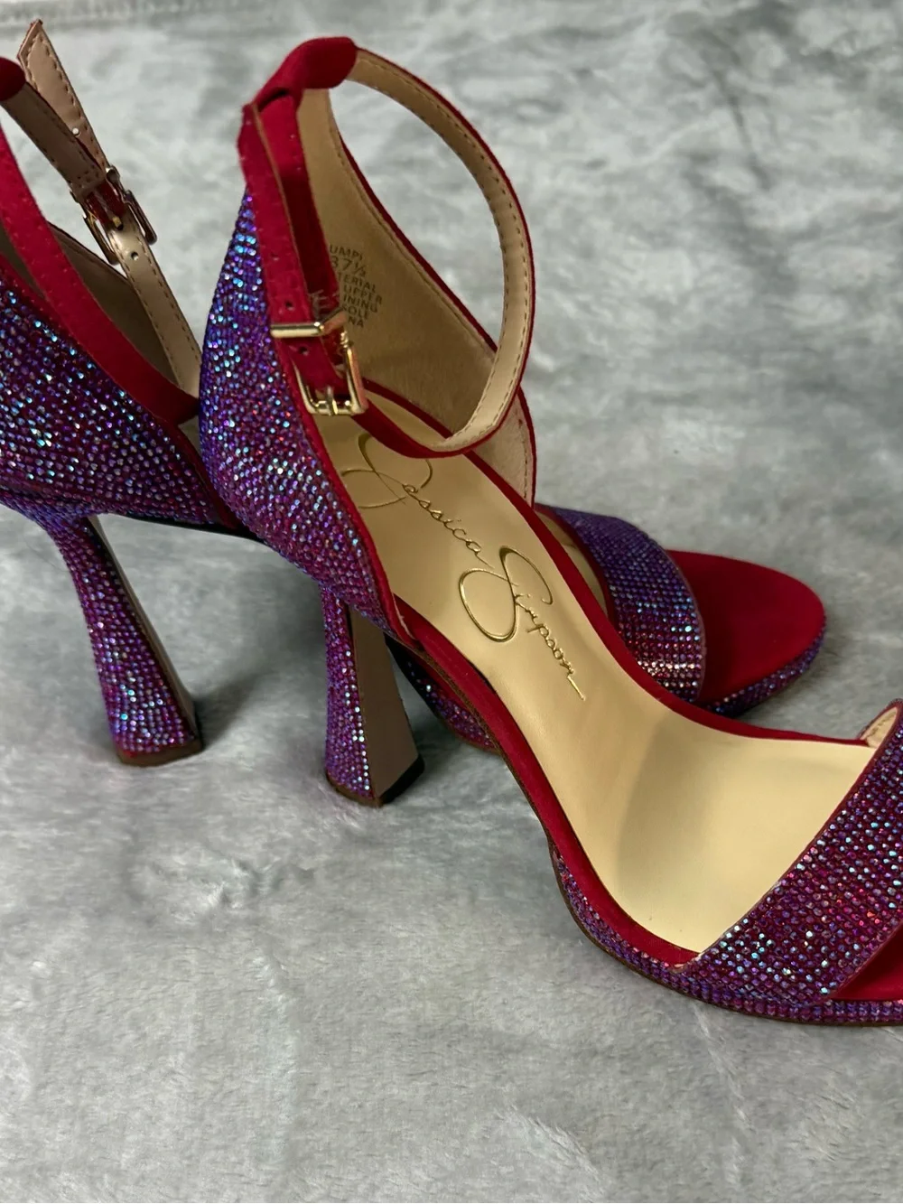 Jessica Simpson Red Suede Ankle-Strap Heels with Crystal Toe Band